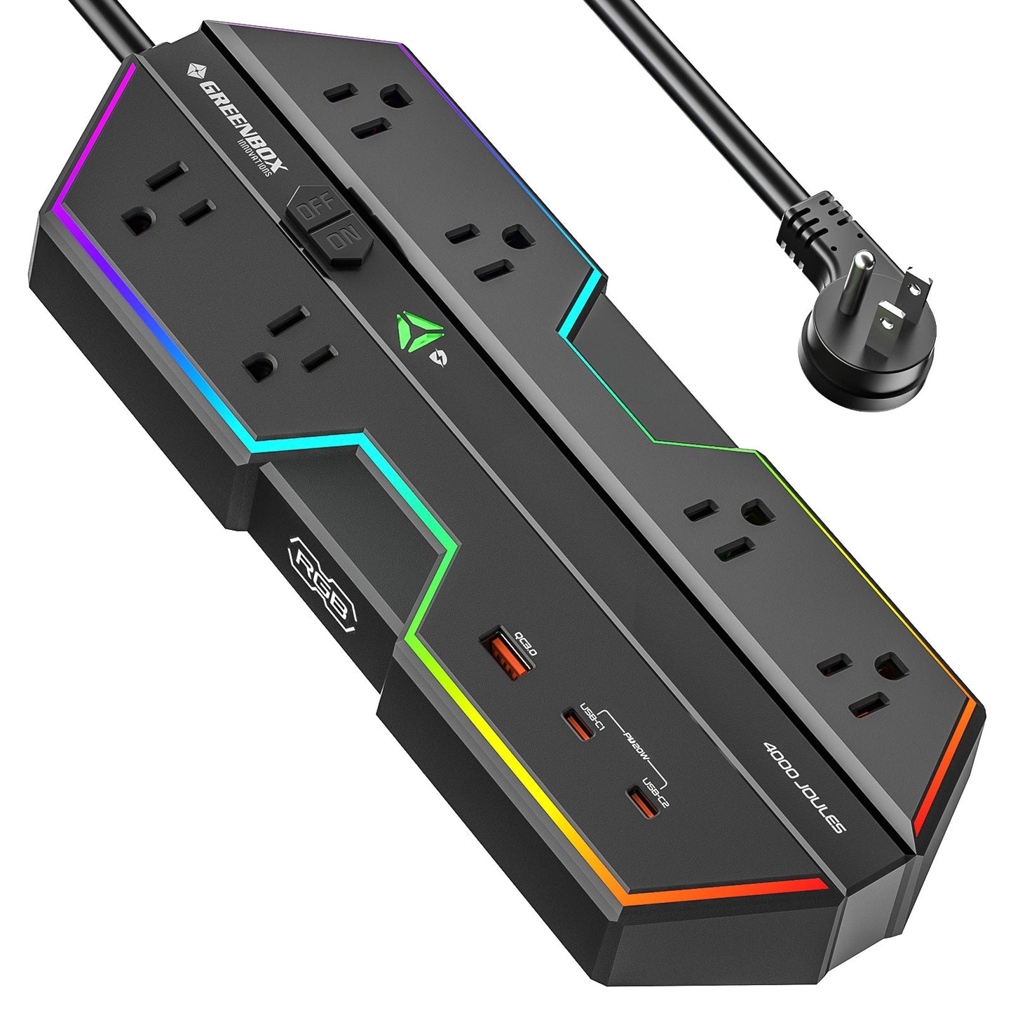 CRST RGB Gaming Power Strip with 6 AC Outlets 1 USB-A & 2 USB-C Ports 4000J Surge Protection 6FT Flat Plug Extension Cord for E-Sports & Gaming PC Ergonomic Design Adjustable RGB Lighting Effect