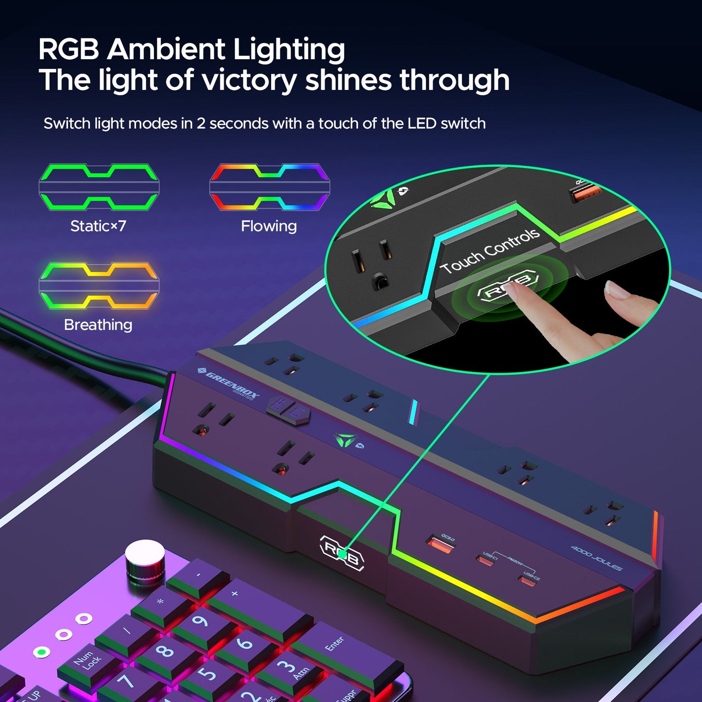 CRST RGB Gaming Power Strip with 6 AC Outlets 1 USB-A & 2 USB-C Ports 4000J Surge Protection 6FT Flat Plug Extension Cord for E-Sports & Gaming PC Ergonomic Design Adjustable RGB Lighting Effect