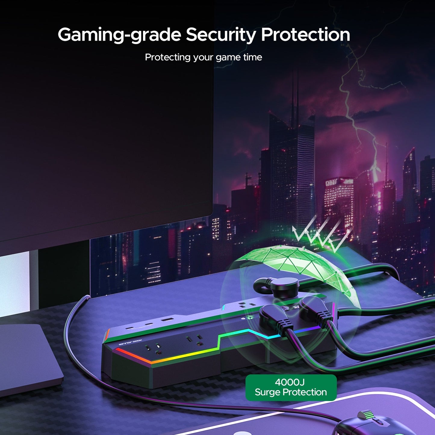 CRST RGB Gaming Power Strip with 6 AC Outlets 1 USB-A & 2 USB-C Ports 4000J Surge Protection 6FT Flat Plug Extension Cord for E-Sports & Gaming PC Ergonomic Design Adjustable RGB Lighting Effect