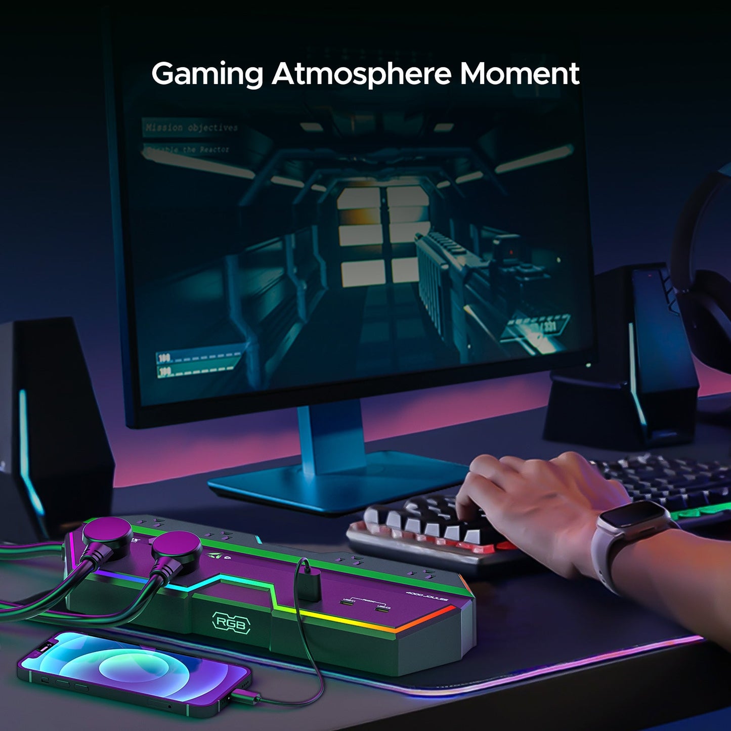 CRST RGB Gaming Power Strip with 6 AC Outlets 1 USB-A & 2 USB-C Ports 4000J Surge Protection 6FT Flat Plug Extension Cord for E-Sports & Gaming PC Ergonomic Design Adjustable RGB Lighting Effect