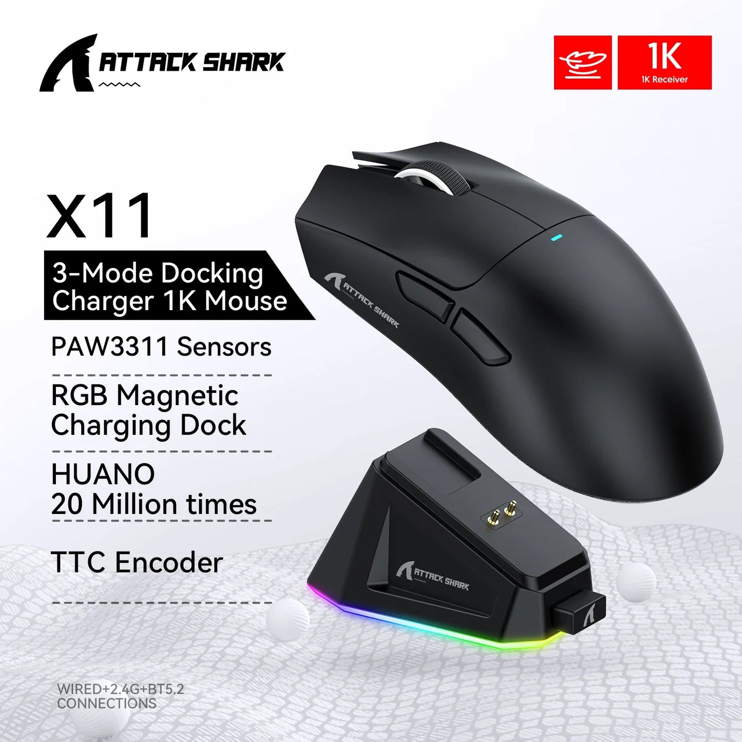 Tri-Mode Connection 2.4GHz/Wired/Bluetooth PAW3311 22000DPI 400IPS RGB  PC Gaming Mouse