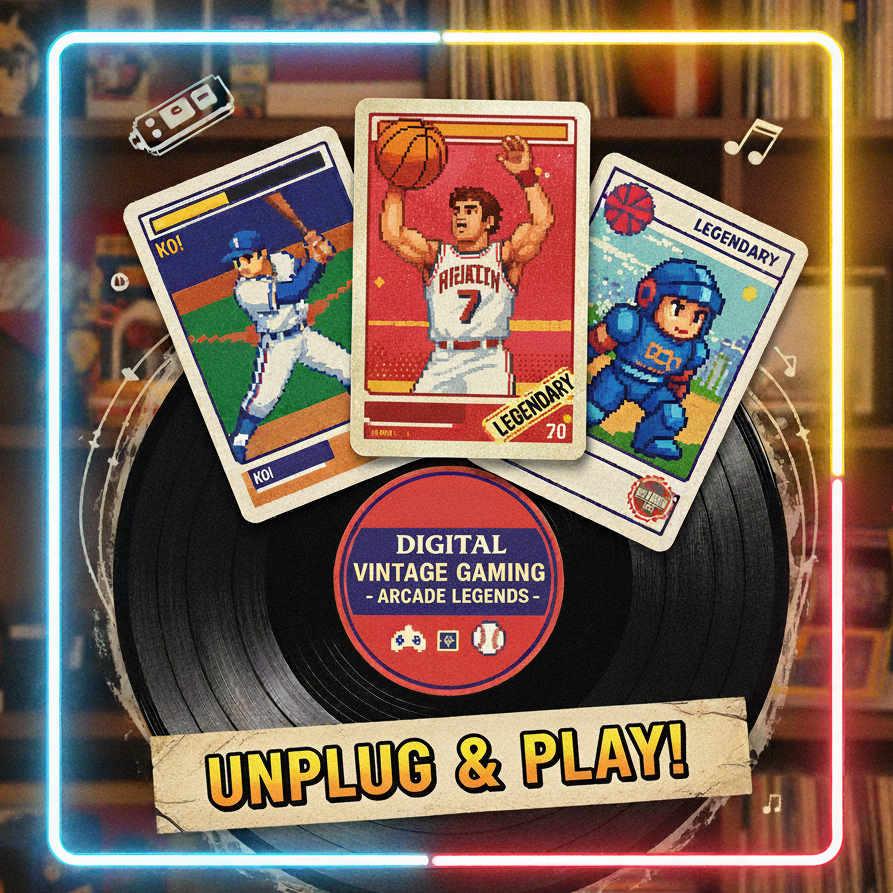 Three vintage-style gaming cards on a vinyl record with 'Digital Vintage Gaming Arcade Legends' text, framed by neon lights.